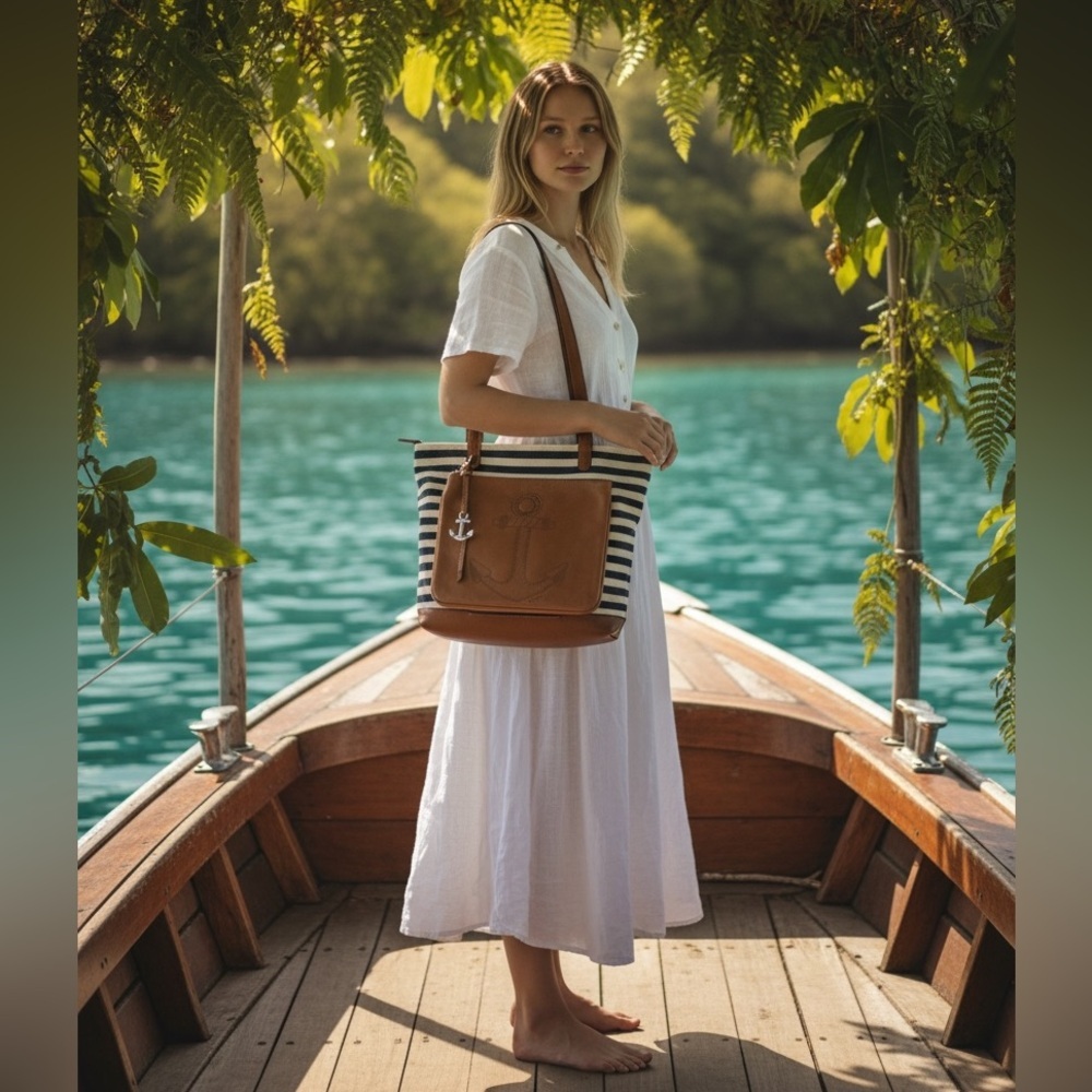 Brighton Sea to Shore Navy and White Striped Tote with Brown Anchor Accent - Picture 2 of 15